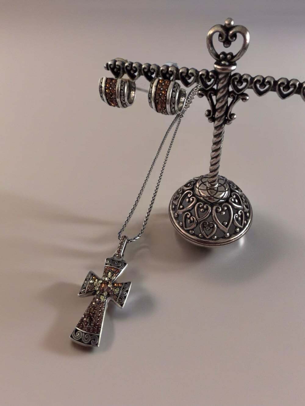 Brighton Crystal Voyage Cross Topaz Brown Amber Crystal Silver Necklace/Earrings